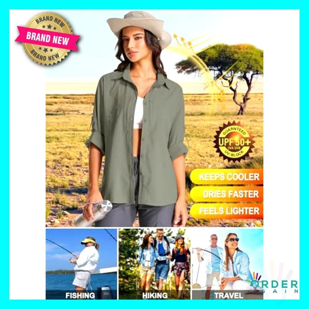 Long Sleeve Button Down Shirt UPF 50 Quick Dry Lightweight Safari Hiking Travel